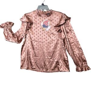 Indigo Poppy Modest Blouse Womens Large Brown Polka Dot Satin Ruffle Long Sleeve